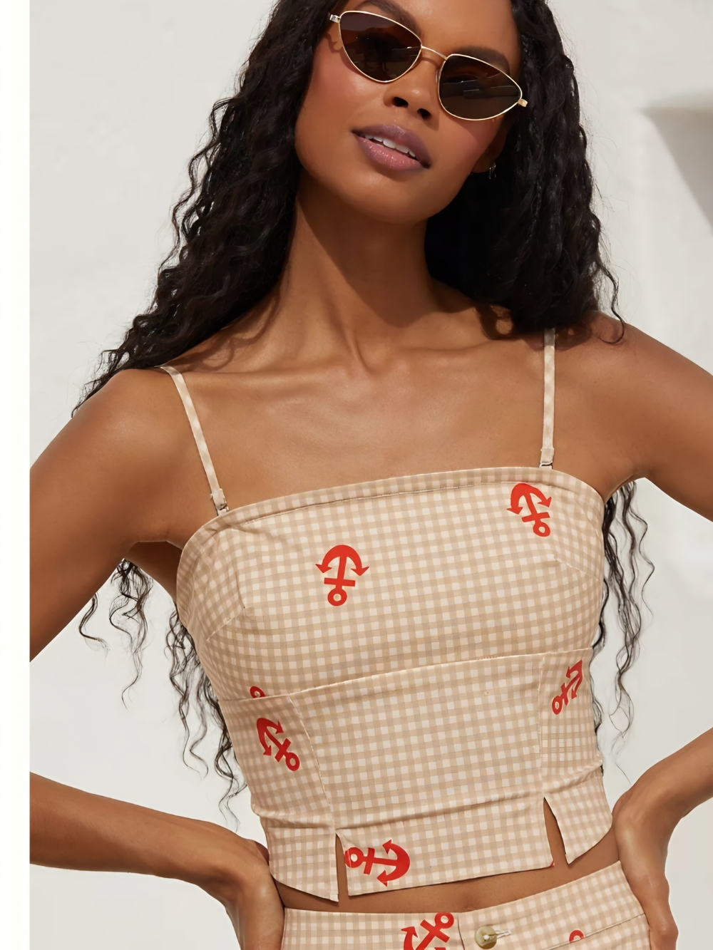 Anthropologie Beige Gingham Crop Top with Red Anchor Print